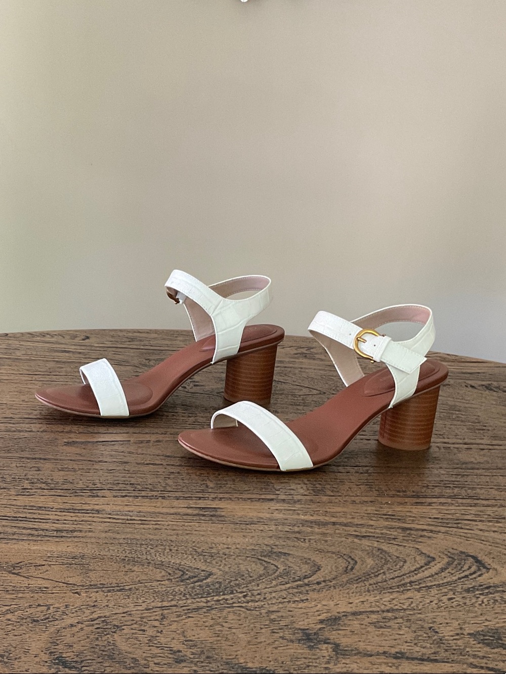 Wild Pair White Strappy Block Heel Sandals with Brown Wood Heel